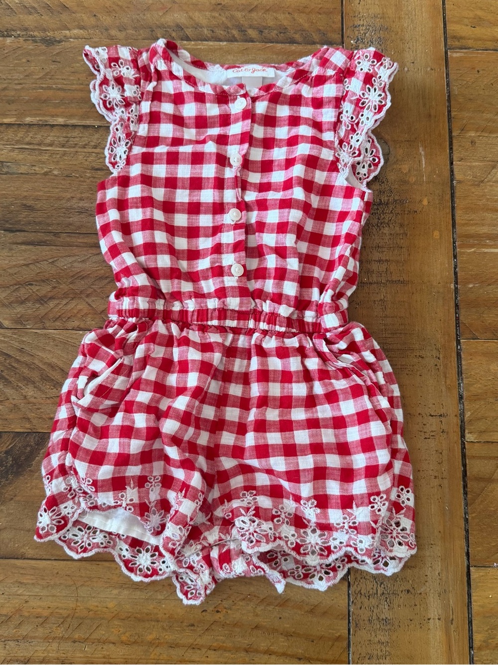 Cat & Jack Red and White Gingham Lace-Trim Romper